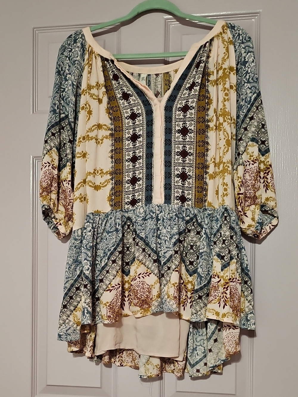 Free People Cream Multi Patterned Boho Peasant Tunic Top